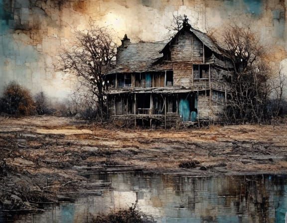 Eerie Dilapidated House in Barren Landscape
