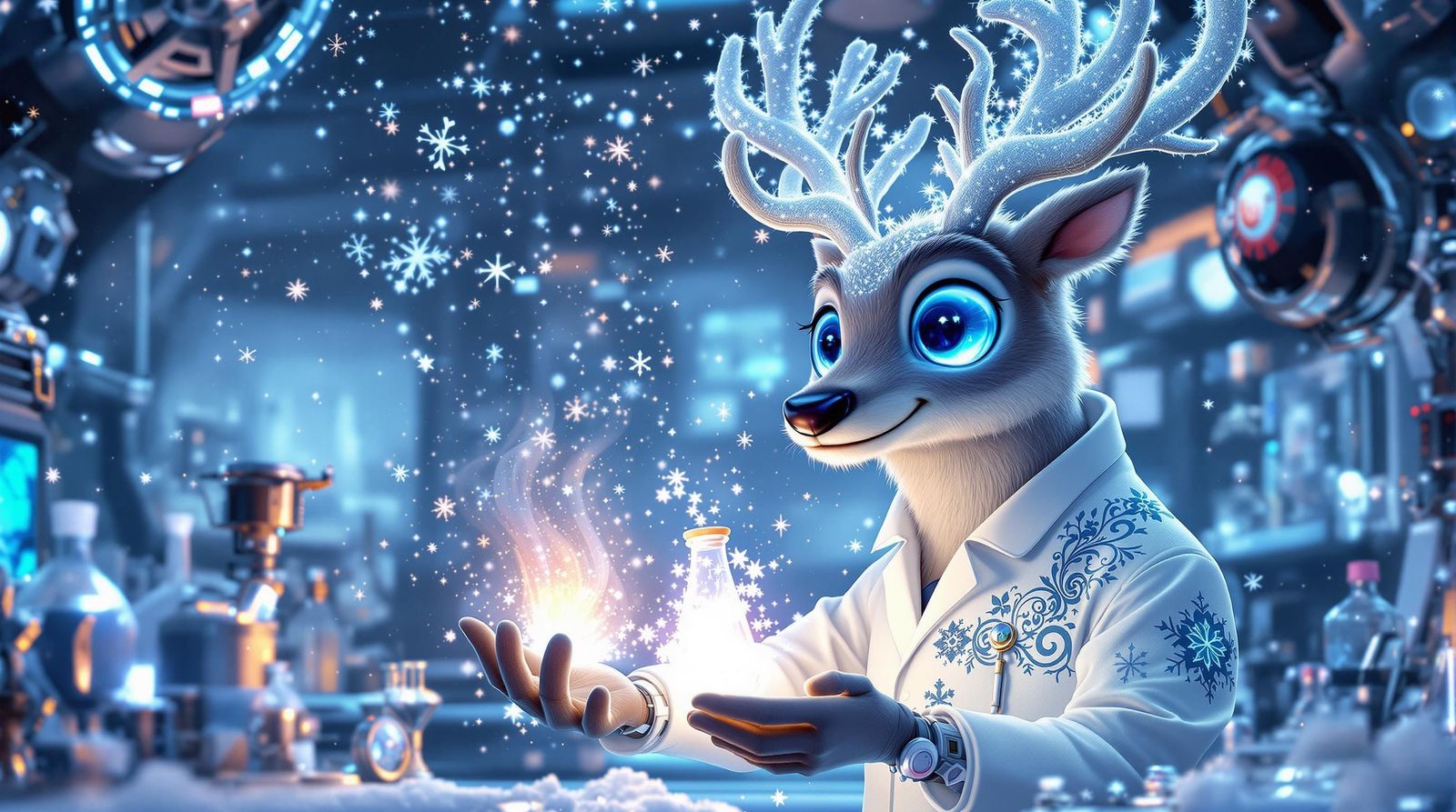 Mystical Reindeer Scientist in Futuristic Lab