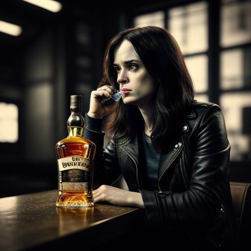 Jessica Jones Drinking Whisky in Hyperrealistic Style
