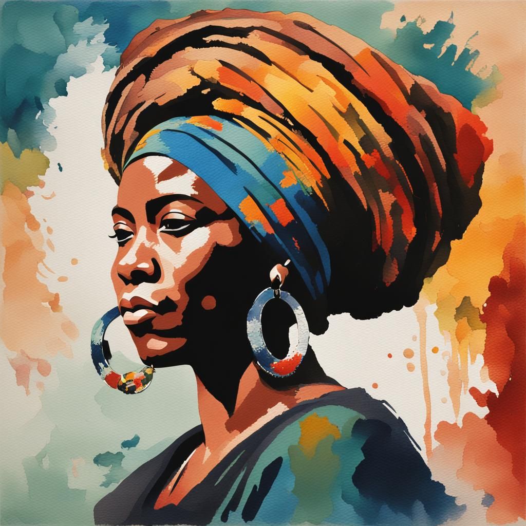 Afrodescendant Woman Silhouette with Turban in Gouache Style