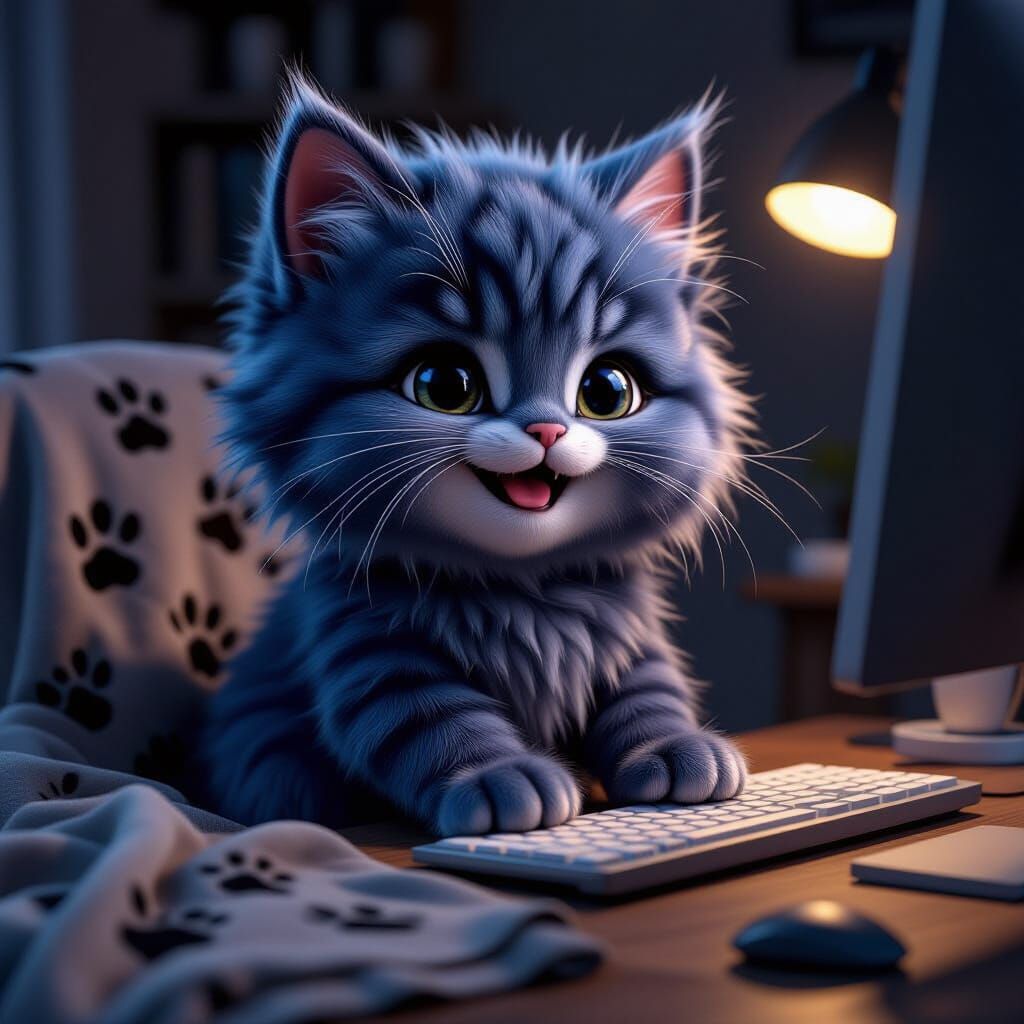 Adorable Fluffy Cat Typing on Keyboard in Dramatic Lighting