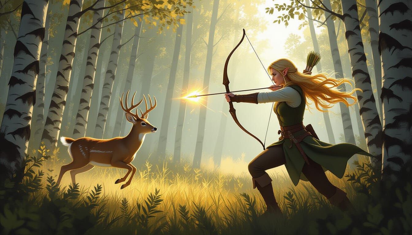 Elf Hunter Shoots Magic Arrow at Deer in Forest