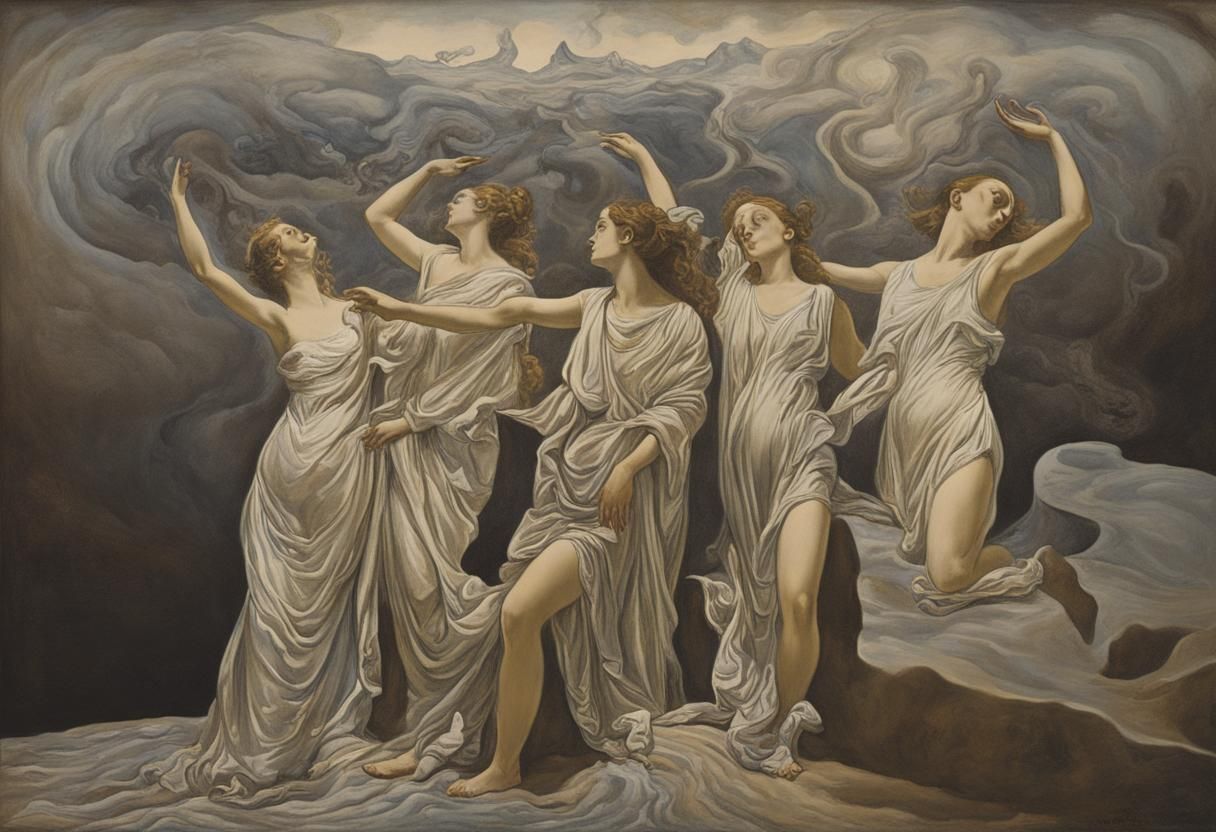 Pleiades Women: Surreal Lithograph in Oil on Canvas