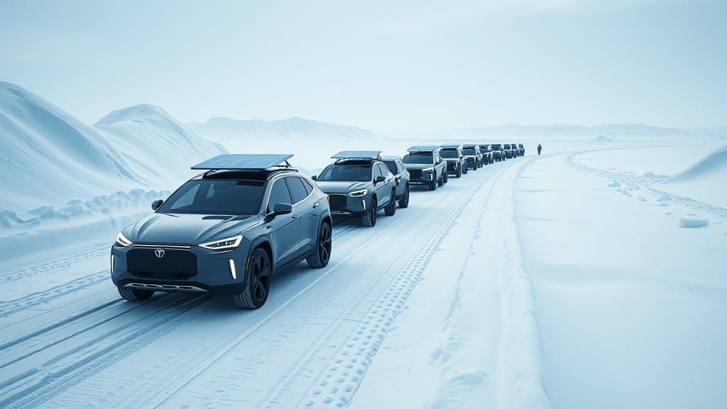 Electric Vehicle Expedition to Arctic in Sci-Fi Style