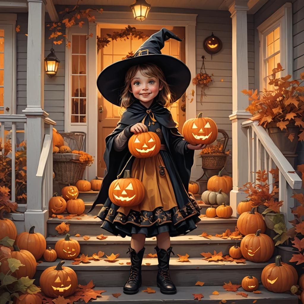Whimsical Witch and Jack-o-Lanterns in Autumn Light