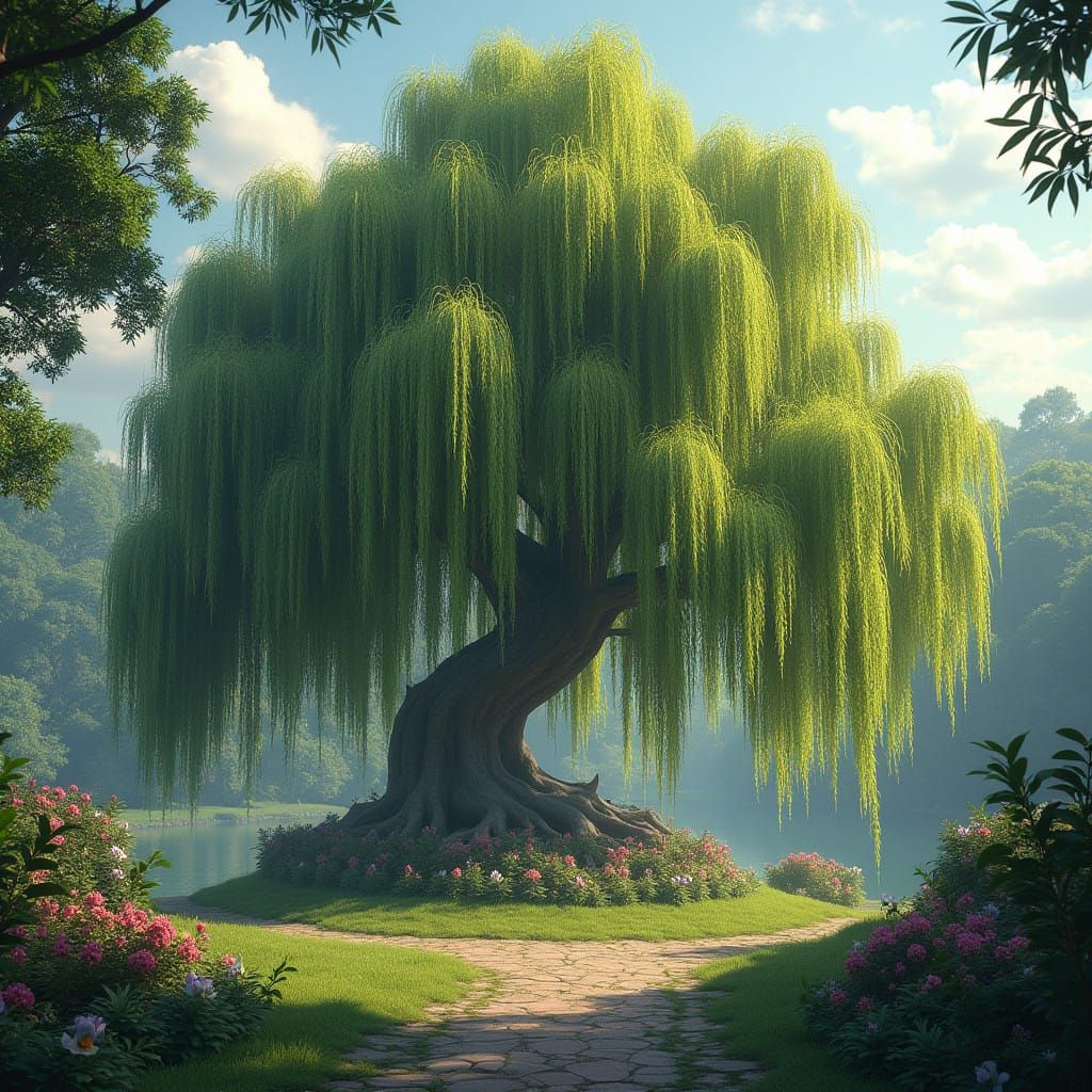 Whispering Willow in a Dreamlike Garden