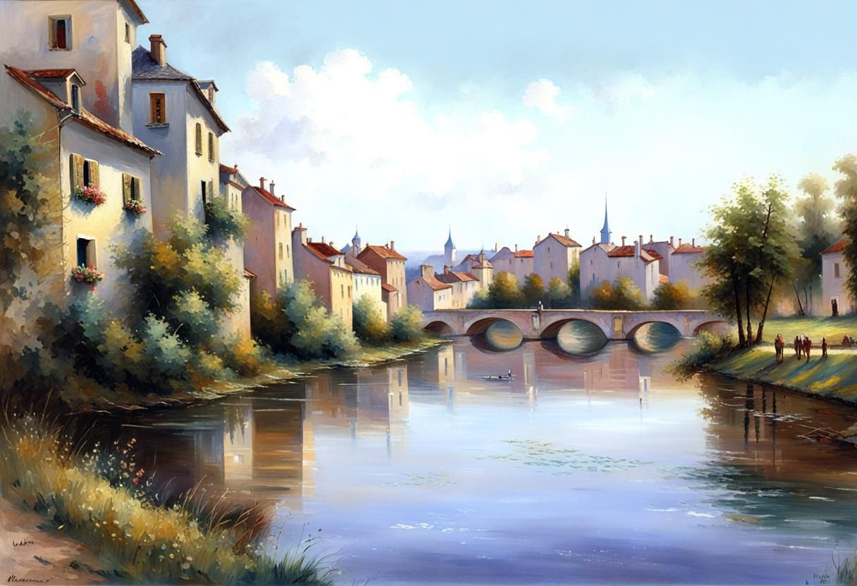 Charming French Town and River as Oil Painting
