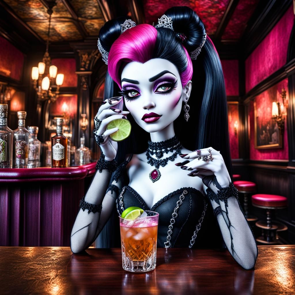 monster high draculaura drinking tequila and lime in a gothi...