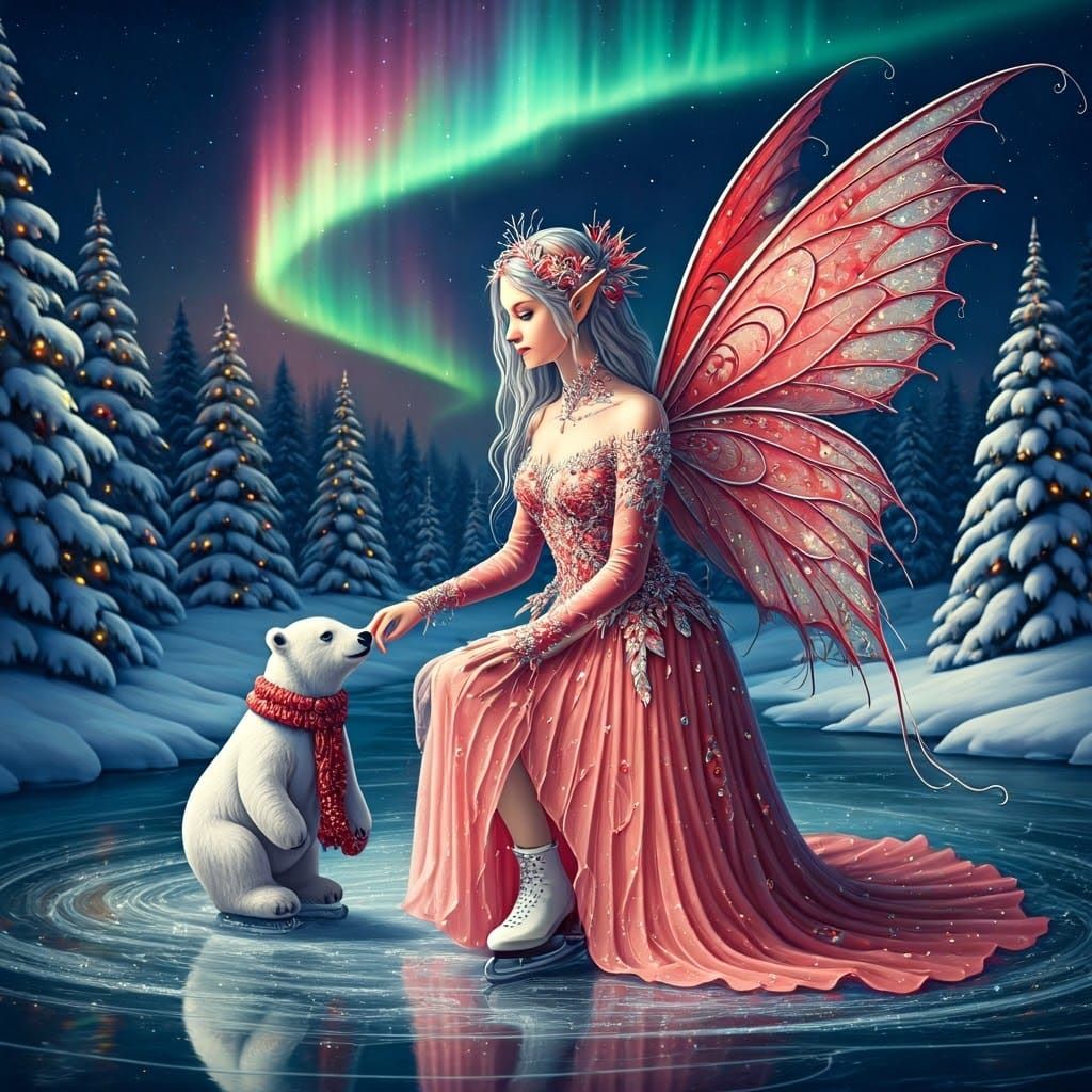 Enchanting Fairy and Polar Bear on Frozen Lake