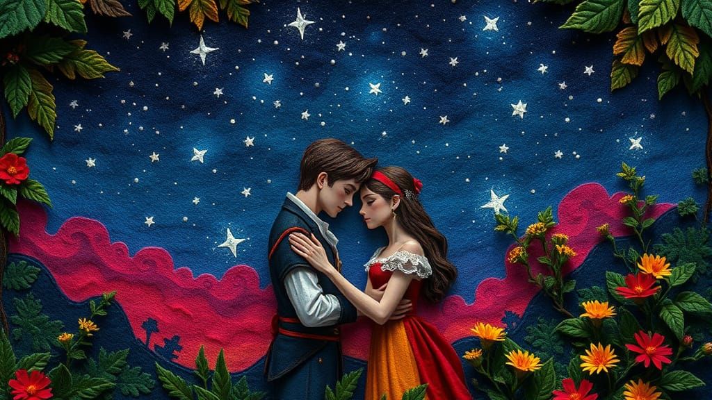 Romeo and Juliet Embrace under Starry Sky in Felt Art