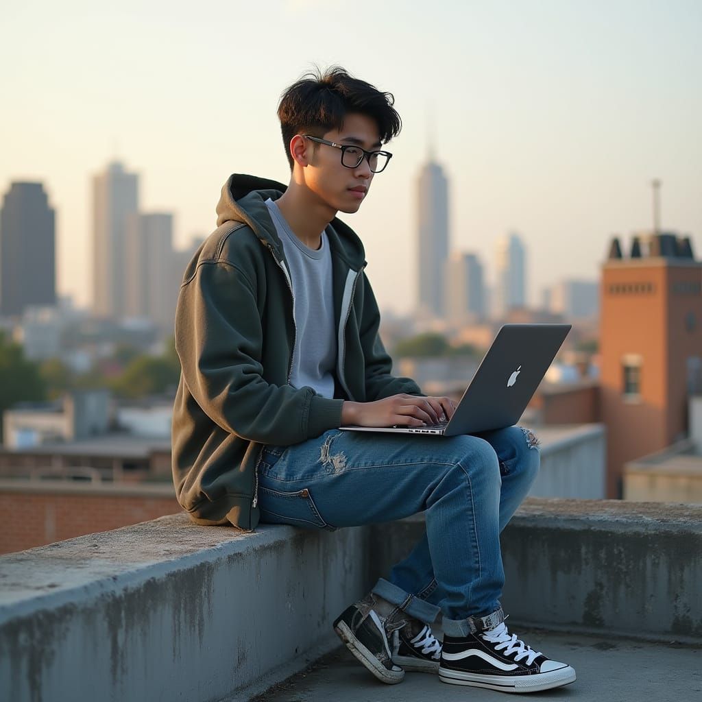 Hyper-Realistic Portrait of Young Man on Rooftop