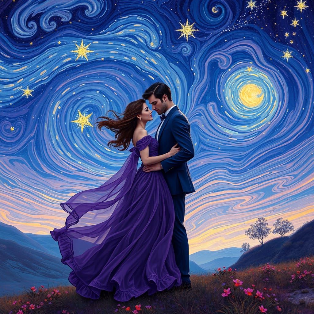 Ethereal Couple Under Starry Night Sky in Dreamy, Fantasy Ar...