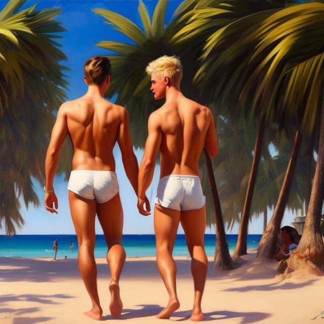 Golden Age Beach Scene of Two Young Men