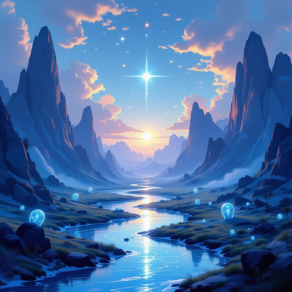 Serene Alien Landscape with Crystalline Formations and Liqui...