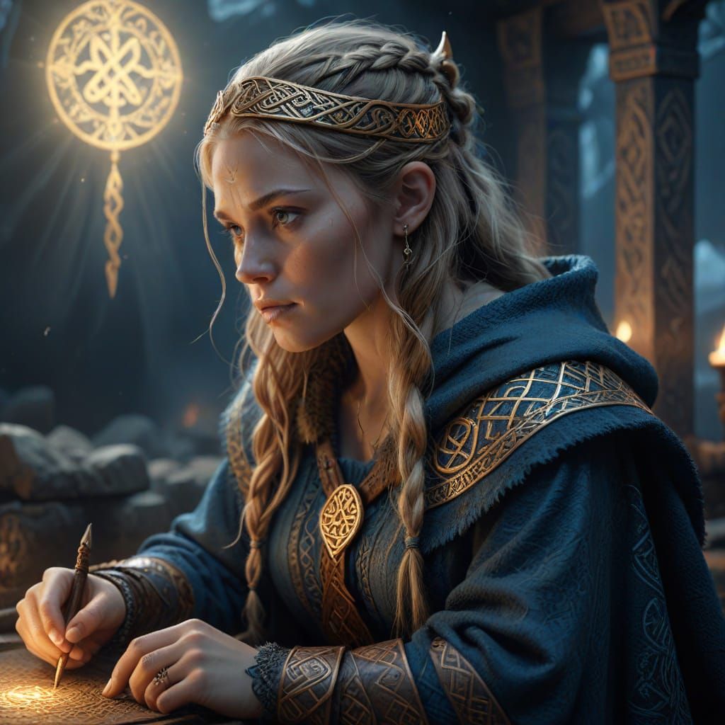 Viking Woman Studying Glowing Runes in Ethereal Light