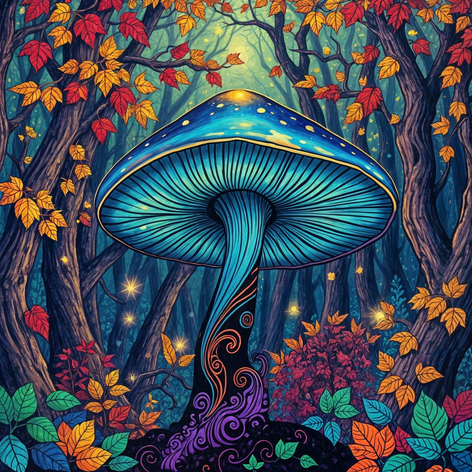 Colorful Mushroom in Dark Forest