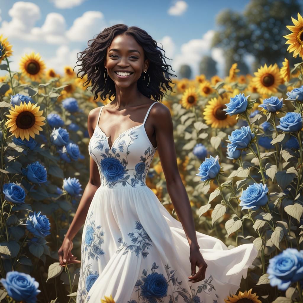 Black Woman in Blue Rose Field: Fantasy Art