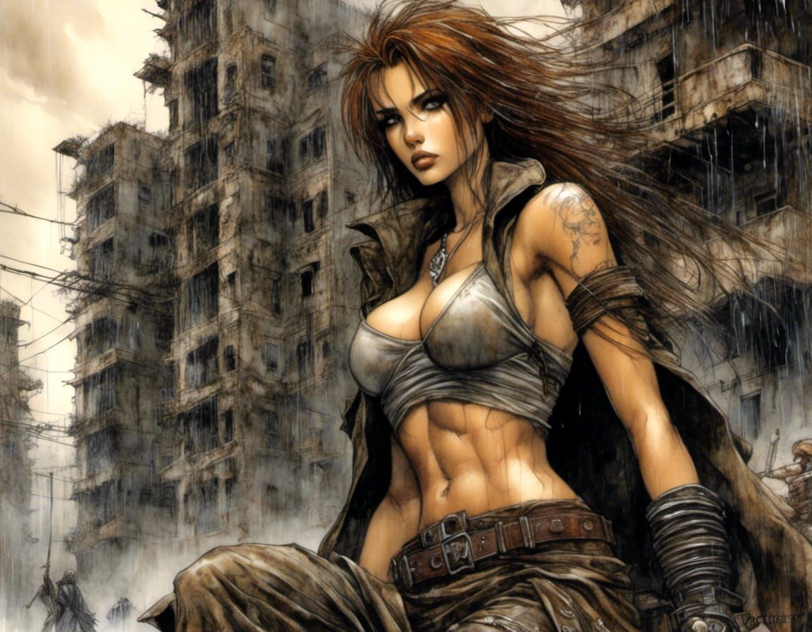 Grungy Woman in Ruined Metropolis, Dark Fantasy Art