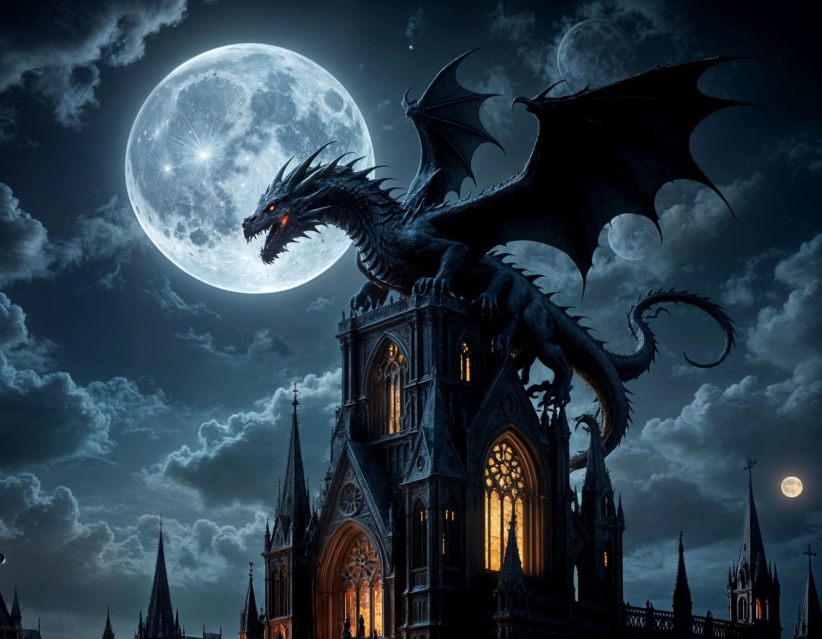 Spectral Dragon Perched on Gothic Cathedral at Night