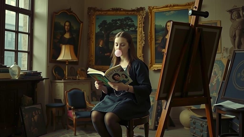 Mona Lisa Blowing Bubblegum in Renaissance Studio