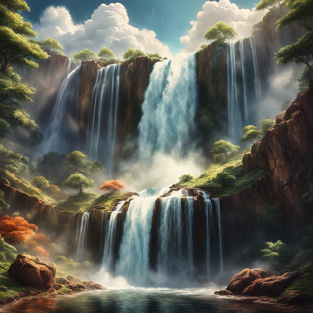 Earth and Water Cascade from Cloud: Hyperrealistic Art
