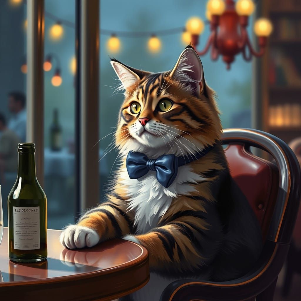 Cute Mainecoon Cat Waiting for Dinner Date Night in Elegant....