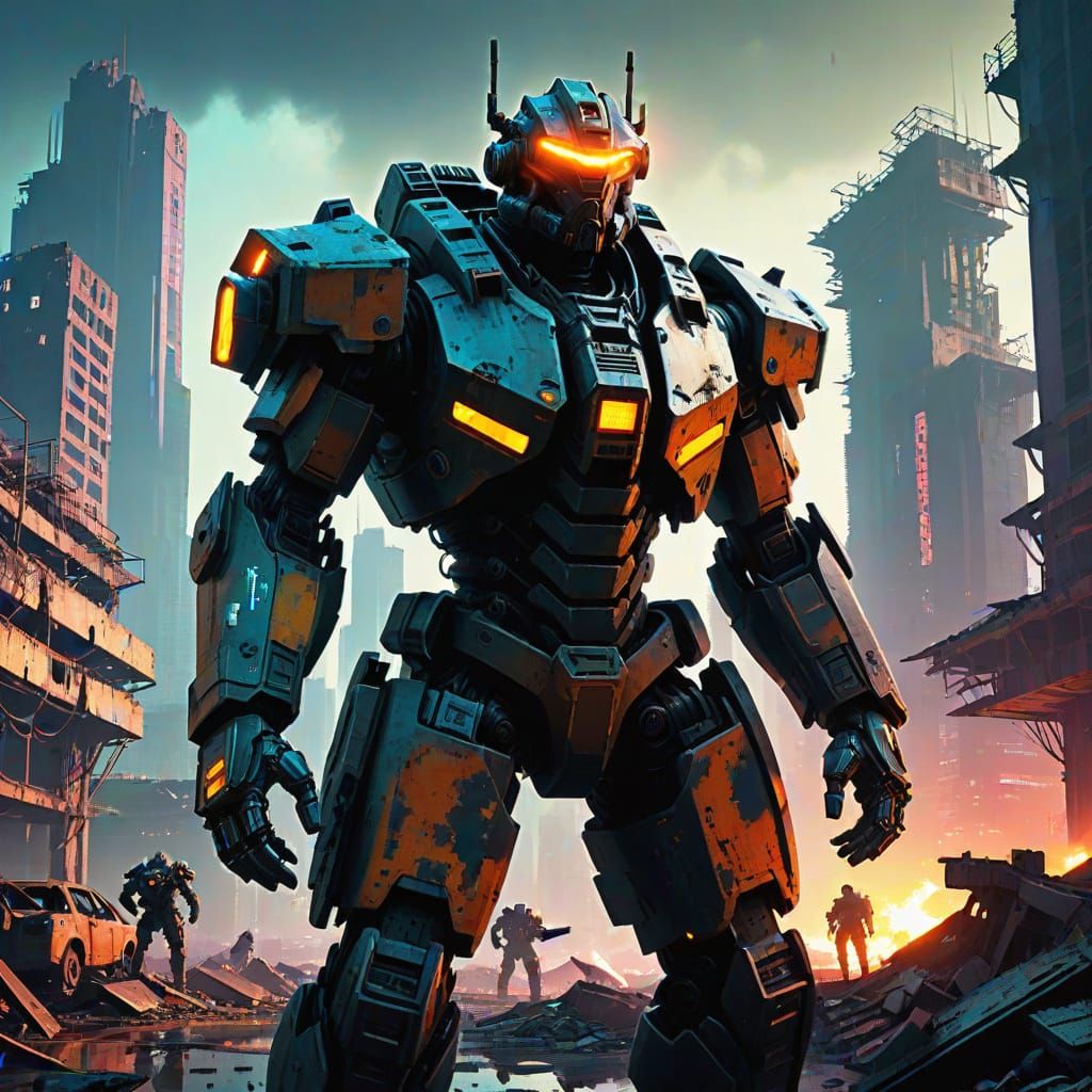 Cyberpunk Warrior in Ruined City