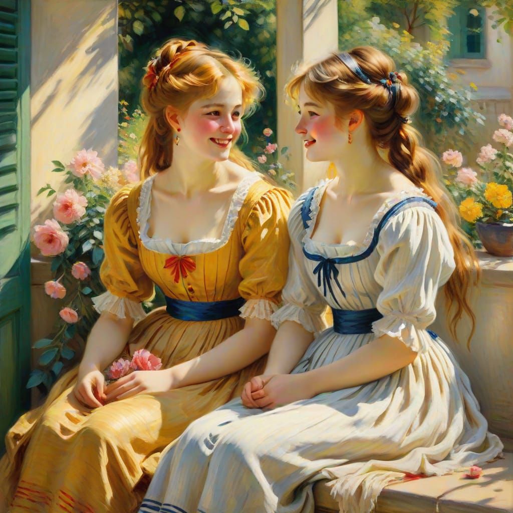 Two Sisters on a Sunny Terrace in Impressionist Style
