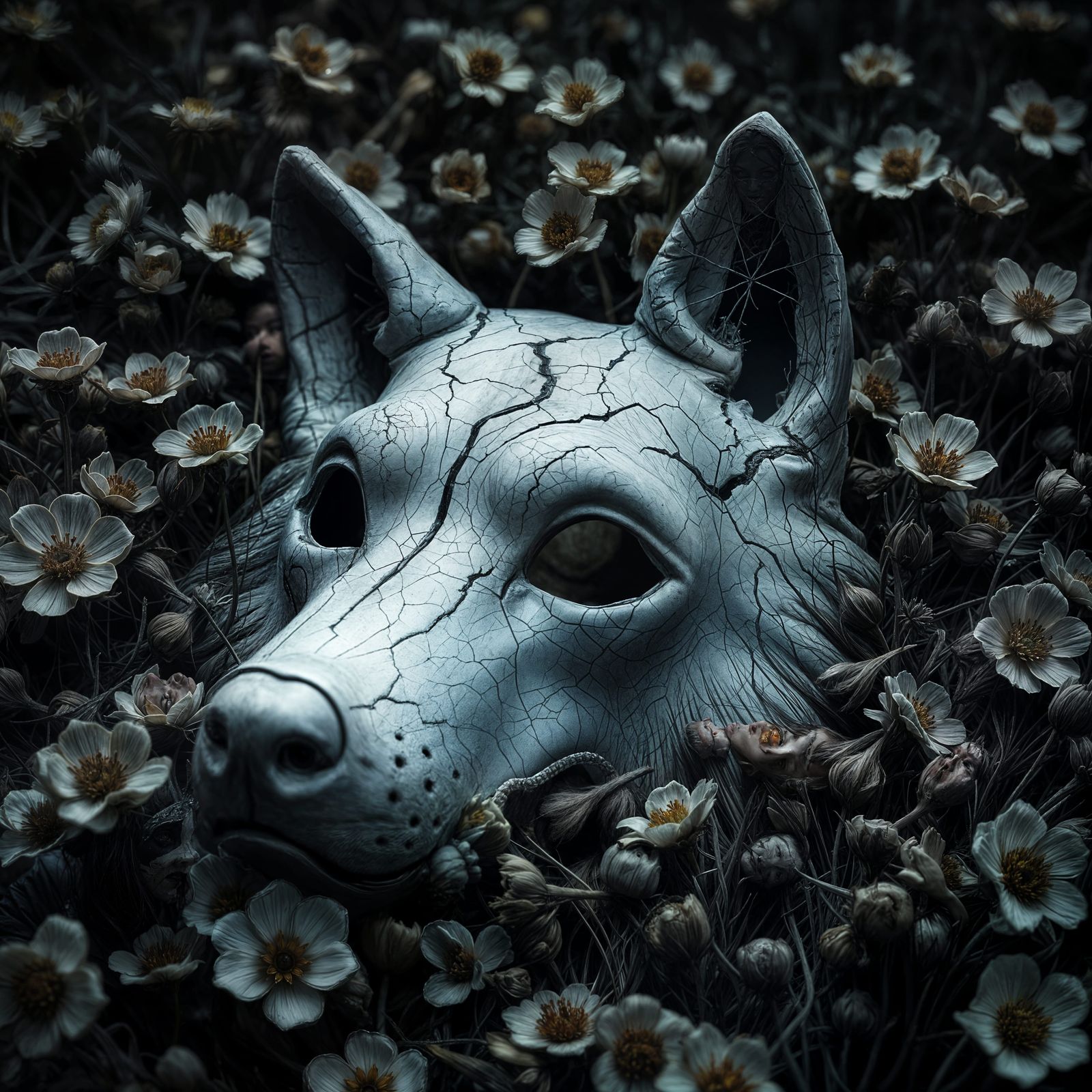 Gothic Wolf Mask Shattered in a Haunting Field of Withered F...