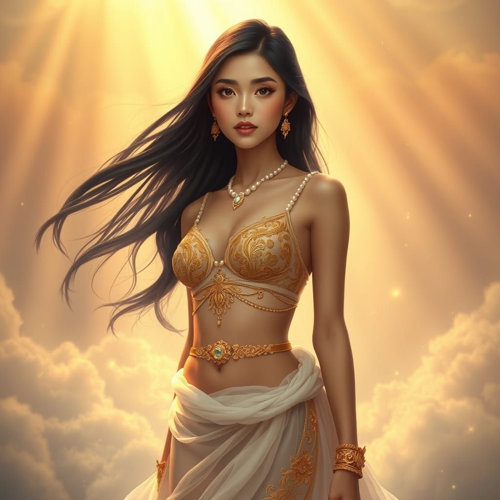Ethereal Goddess in Golden Attire Adorned with Pearls
