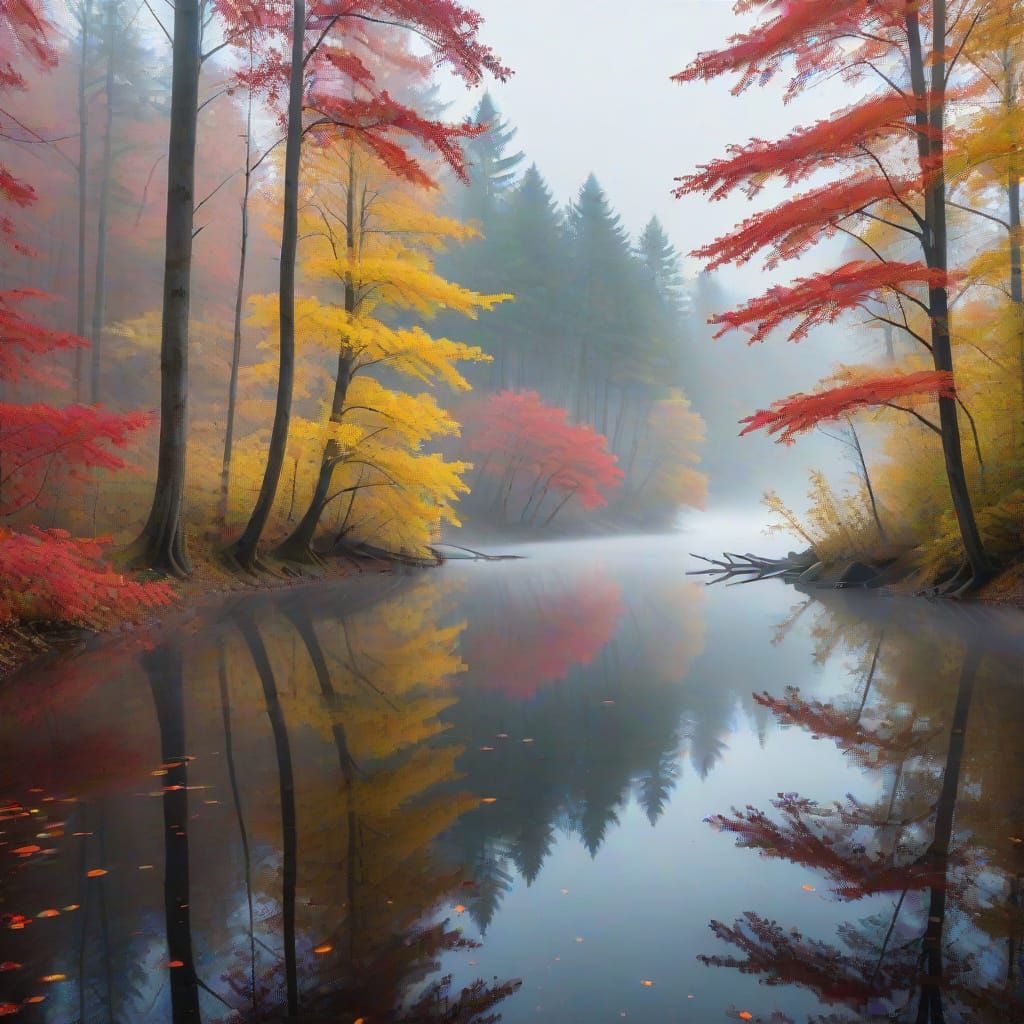 Misty Forest Lake Reflection in Autumn