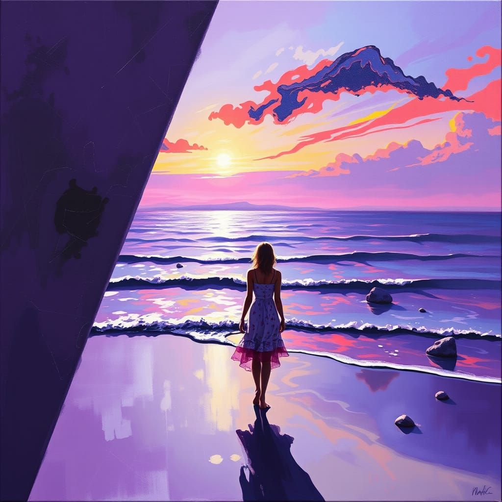 Surreal Beach Scene with Flowing Geometric Shapes