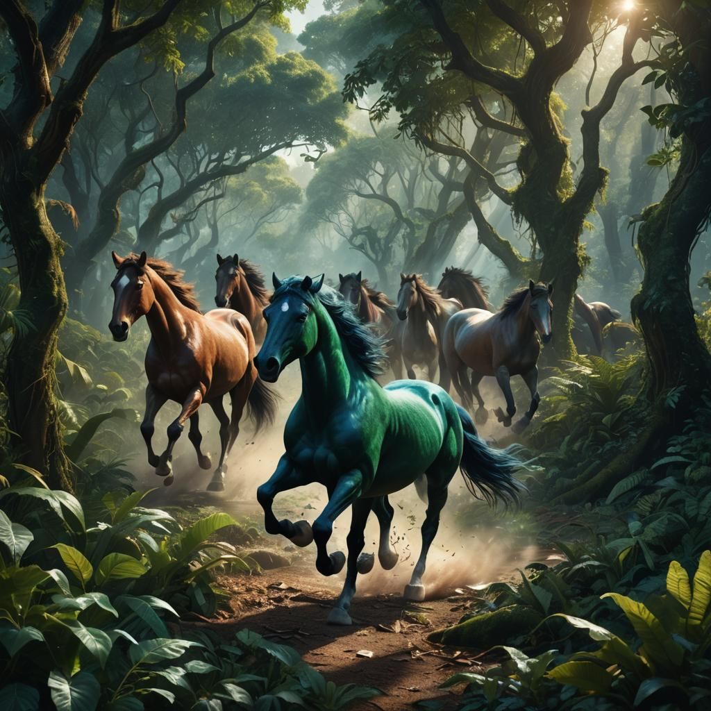 Wild Horses Run Through Jungle, Digital Matte Painting