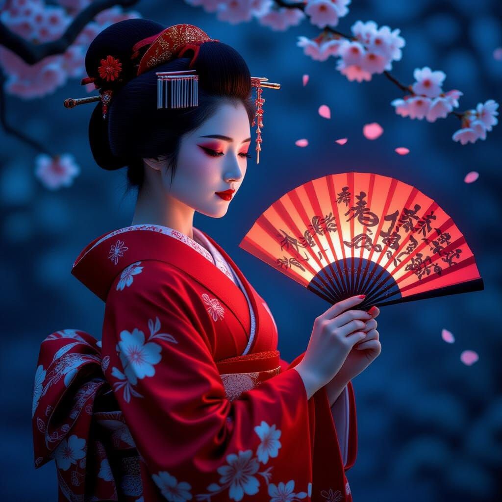 Geisha in Crimson Kimono with Glowing Fan