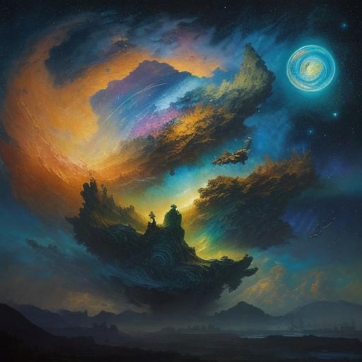 Whimsical Cats Gaze at Colorful Sky as Collage Art