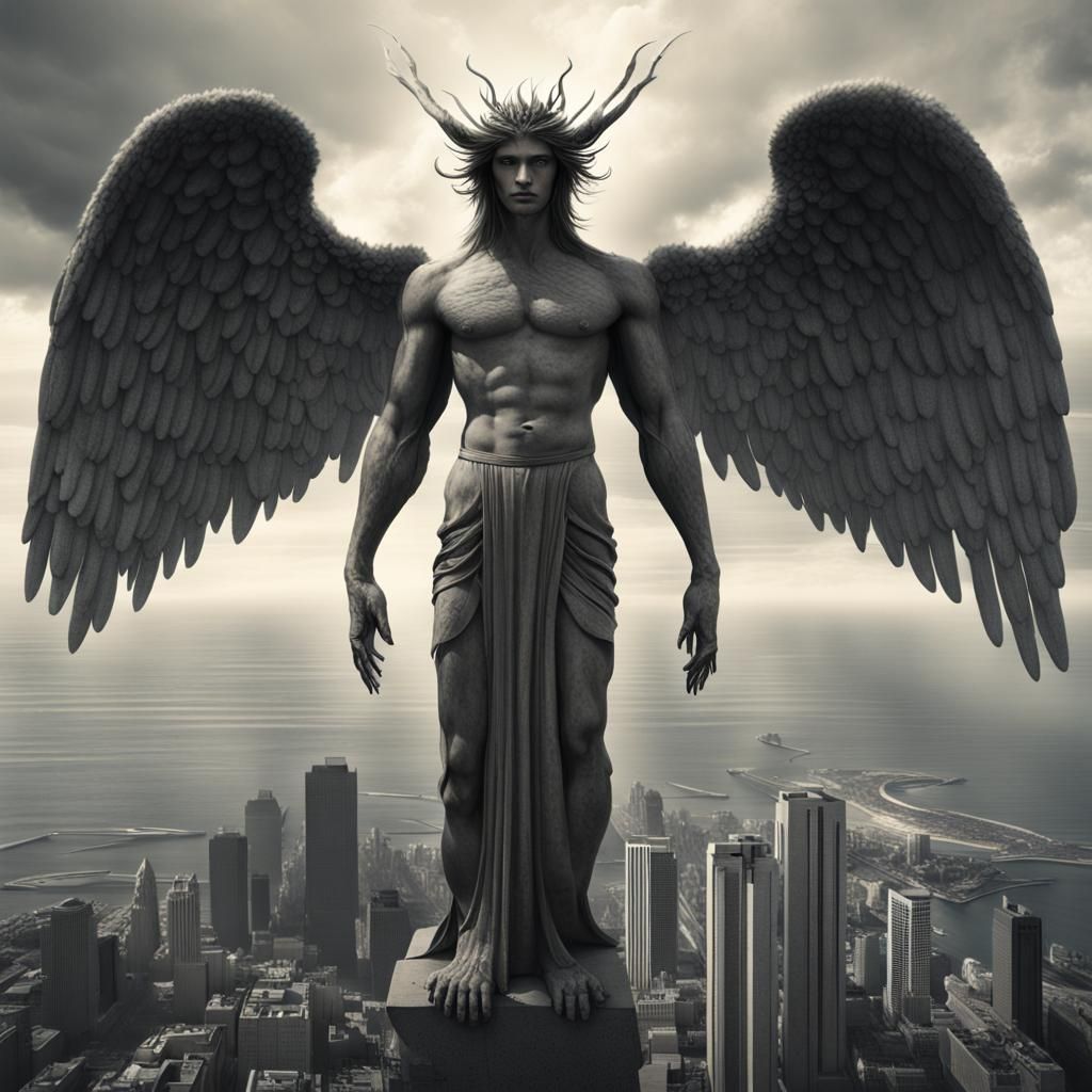 Gigantic Biblical Angel Overlooking Cityscape
