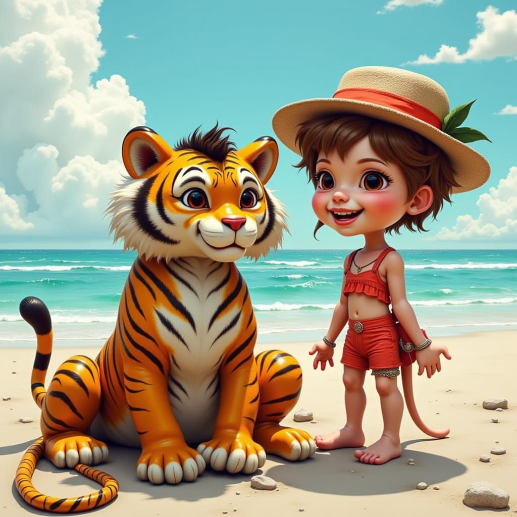Girl and Tiger Encounter on a Sunny Beach