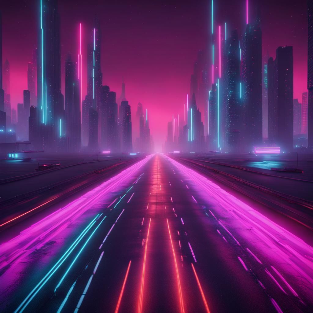 Futuristic Neon Highway at Night in Detailed Matte Painting