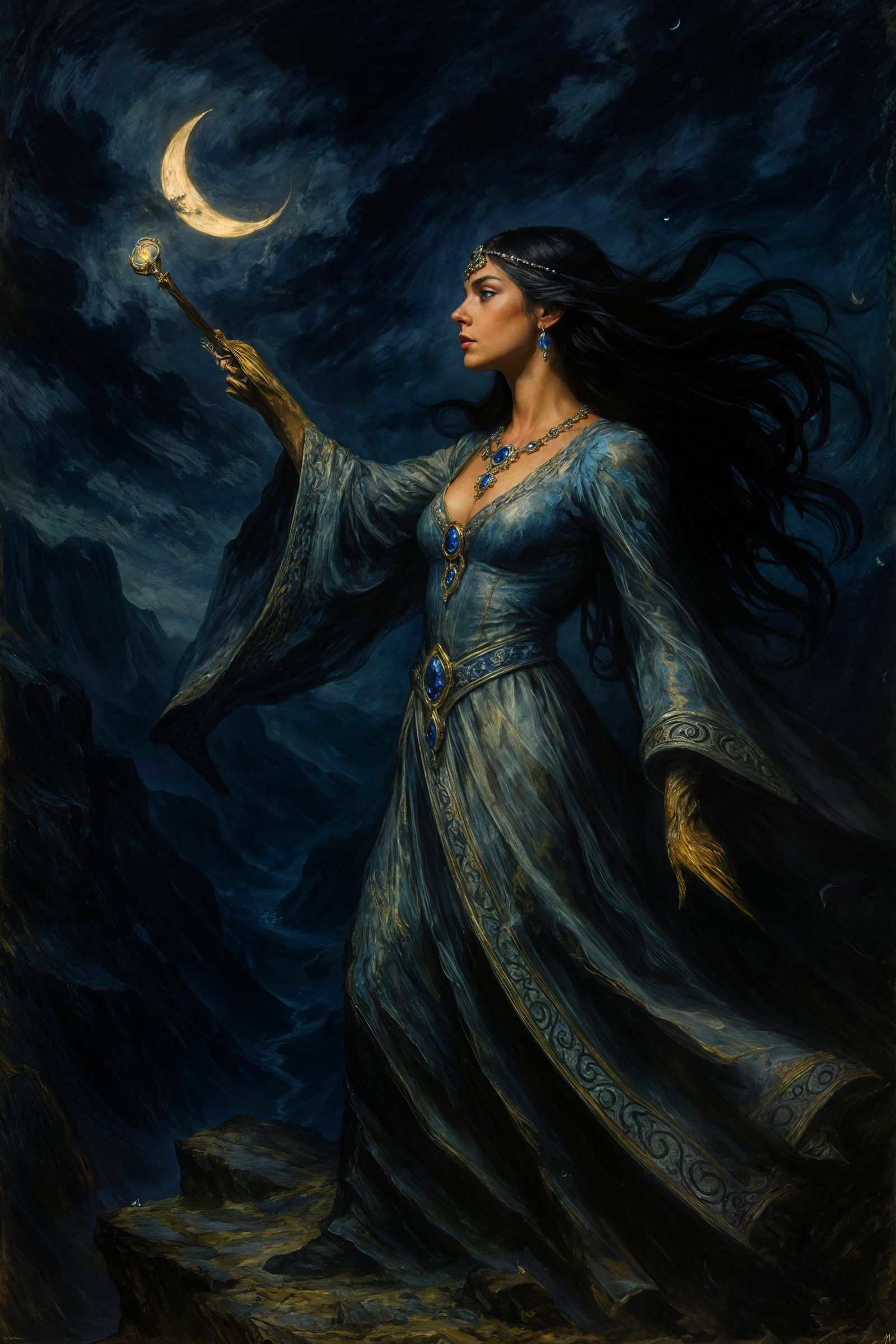 Sorceress Commands the Night Sky in Elegant Silver Robes
