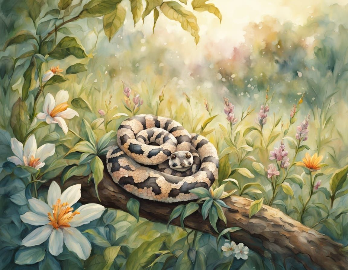 Whimsical Watercolor Boa Constrictor in Jungle Bloom