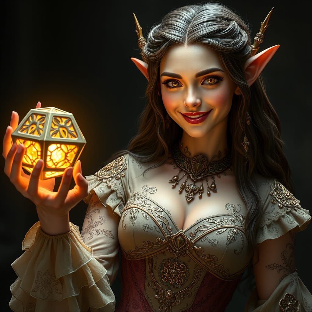 Ethereal Elf Maiden Displays Glowing Bronze Artifact
