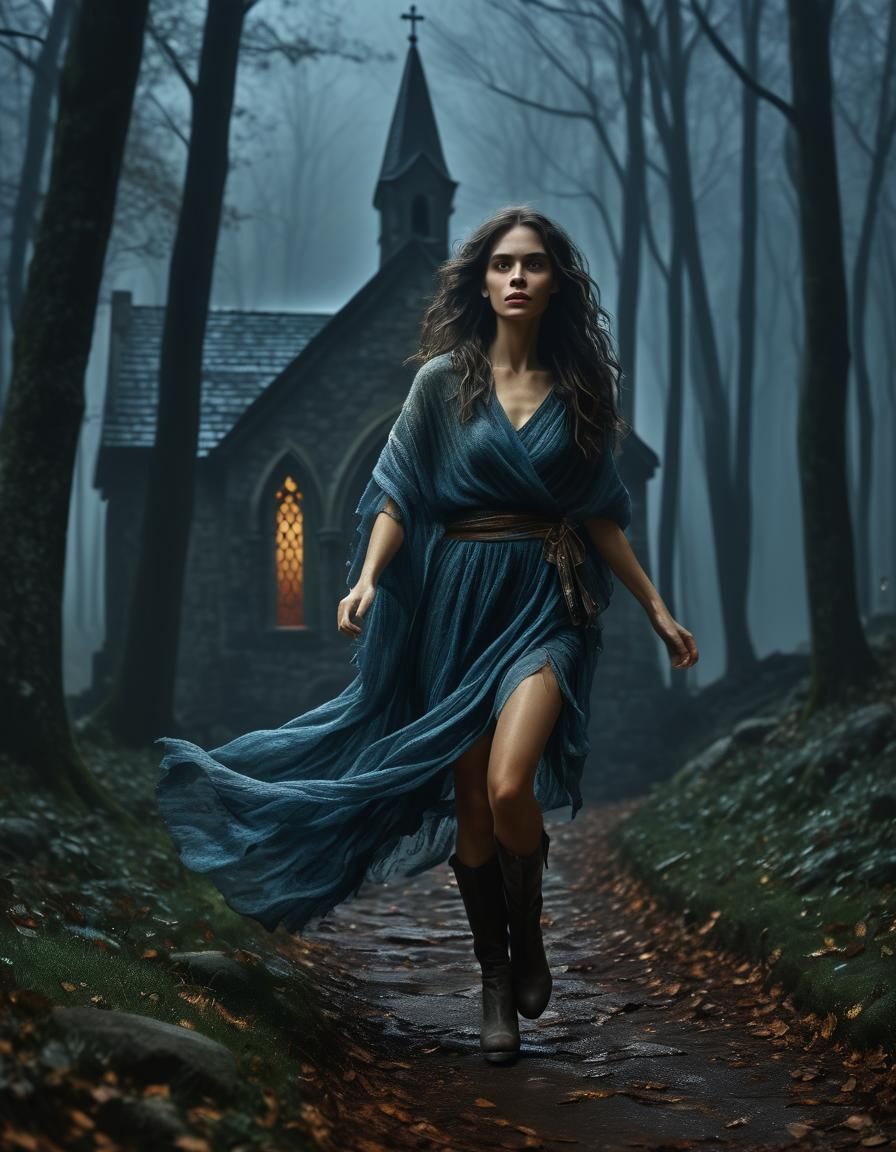Chiaroscuro Portrait of Woman Running in Foggy Chapel