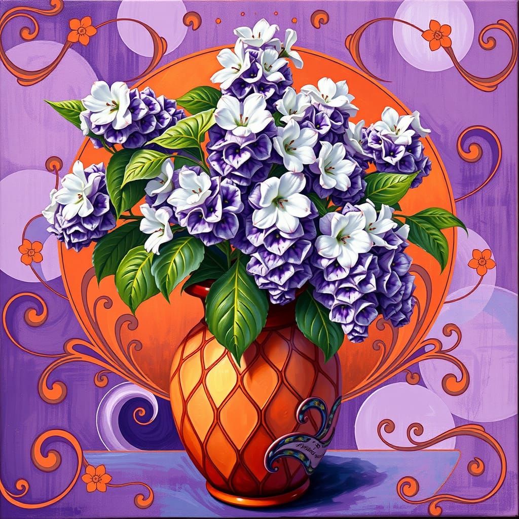 Art Nouveau Lilacs in Purple and Orange Hues