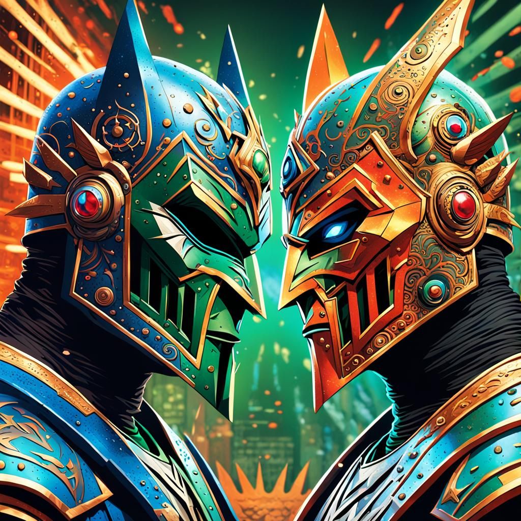 Masked Men Standoff in Comic Book Art Style