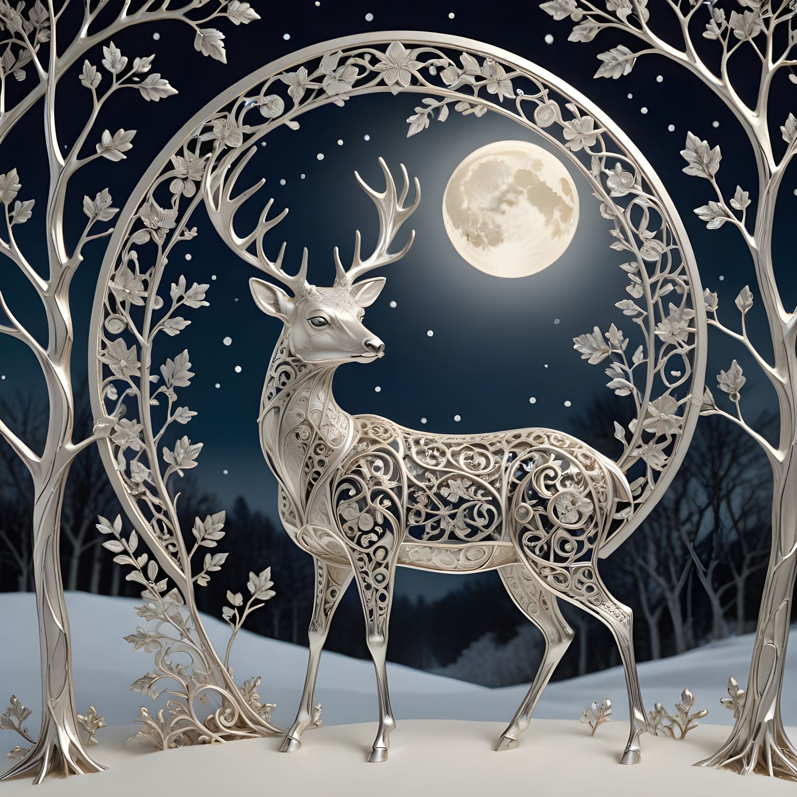 Whimsical Silver Filigree Deer under a Full Moon