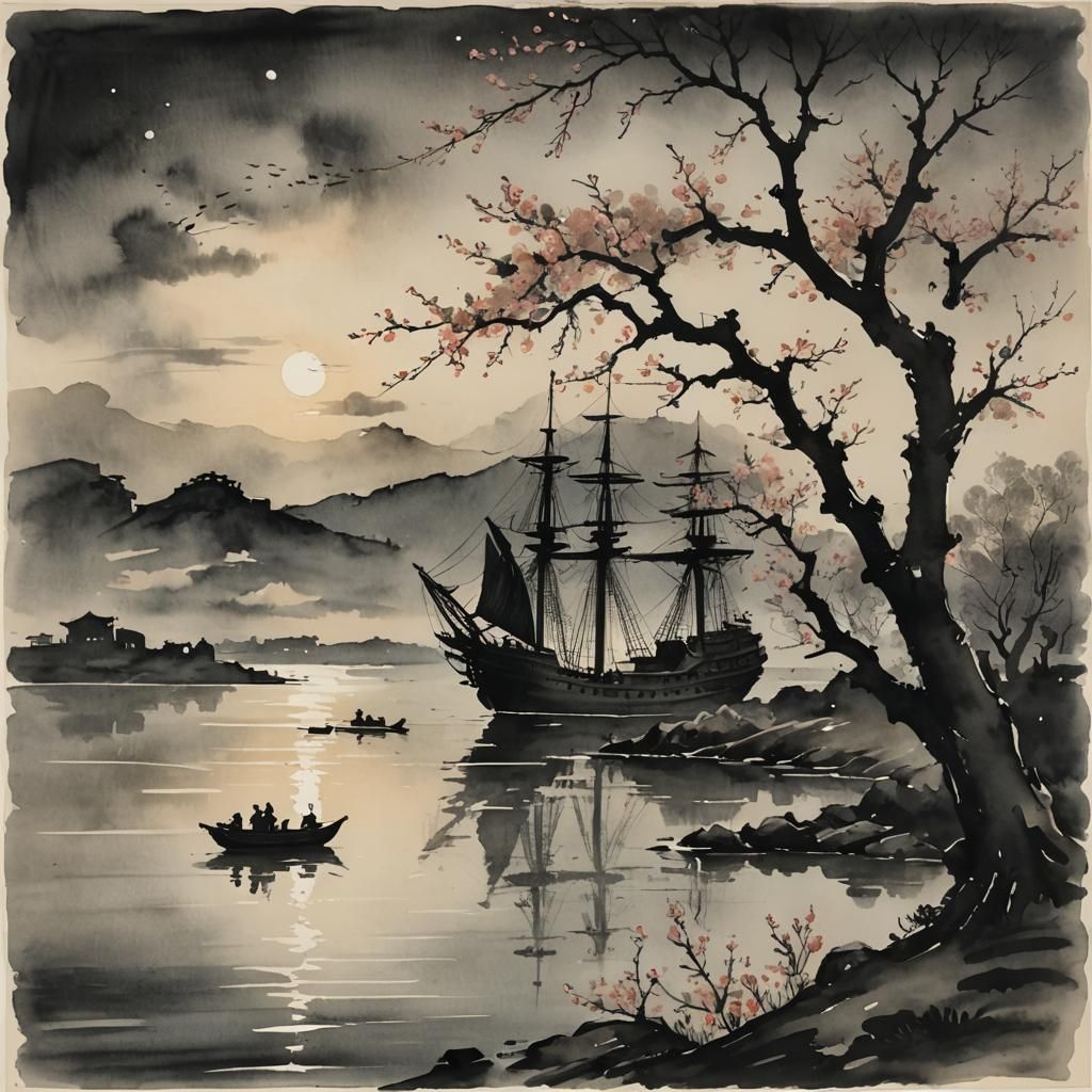 Silhouette of Ship at Night in Watercolor Charcoal