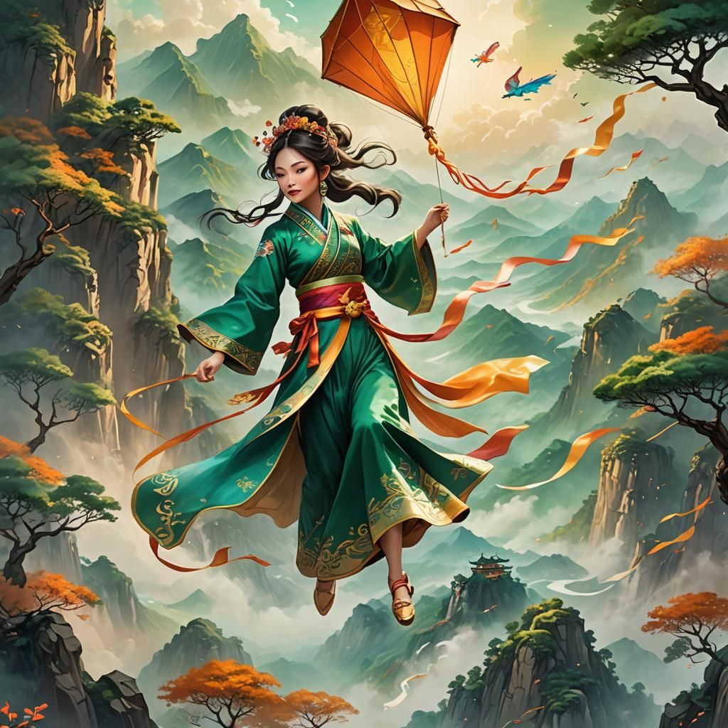 Chinese Princess Flies Kite in Misty Valley
