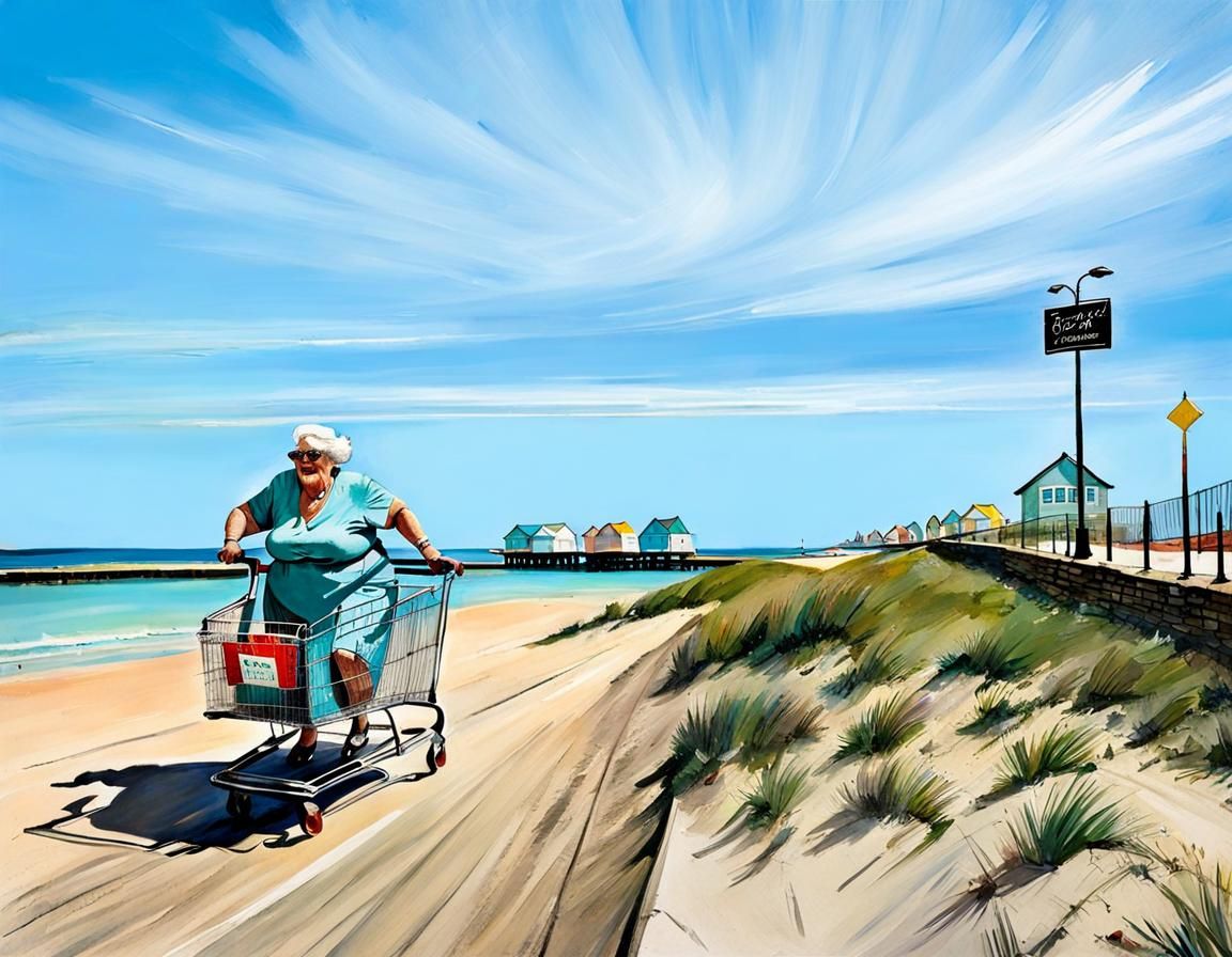 , in the art style of Sam Toft . comical painting, (one BBW ELDERY WOMAN at speed on a SHOPPING TROLLEY:1.9)
bbw fat el...