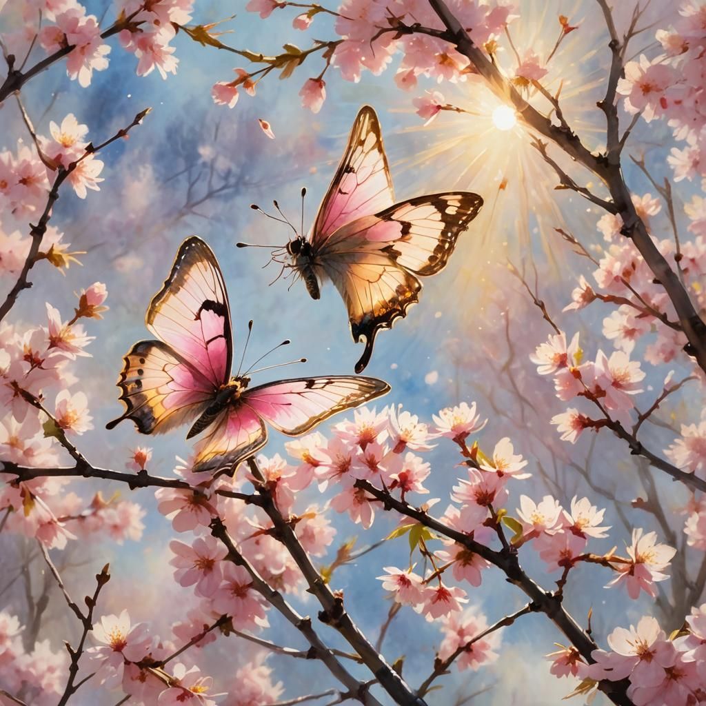 Pink Butterfly on Cherry Blossom in Impressionist Style