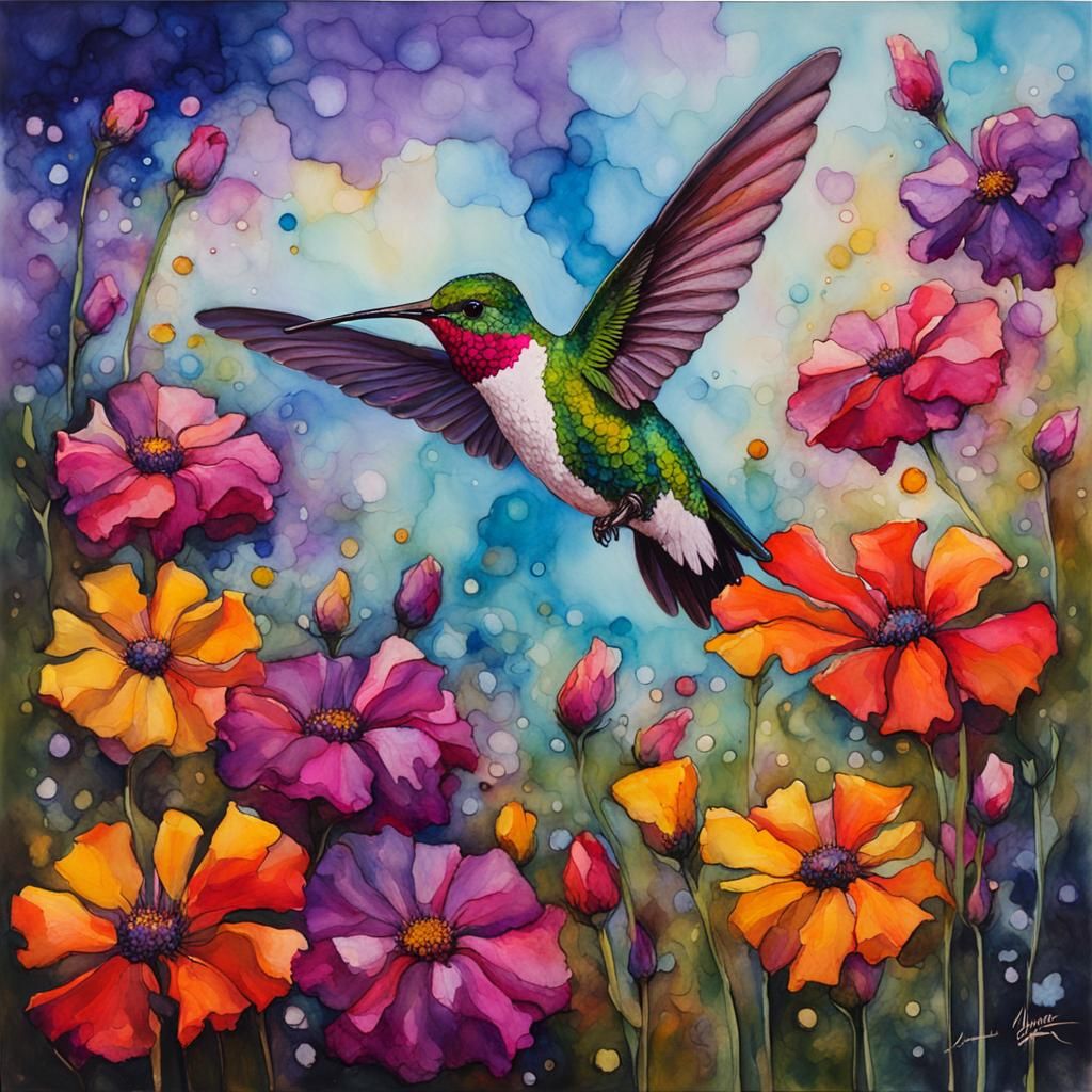 Hummingbird in Flight: Alcohol Ink Art